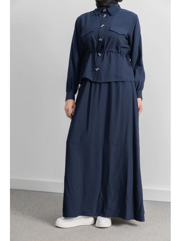 BEL BÜZGÜ DETAYLI ETEK TAKIM - LACİVERT