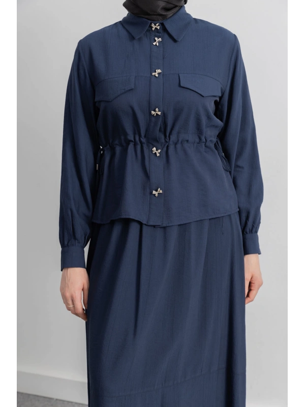 BEL BÜZGÜ DETAYLI ETEK TAKIM - LACİVERT