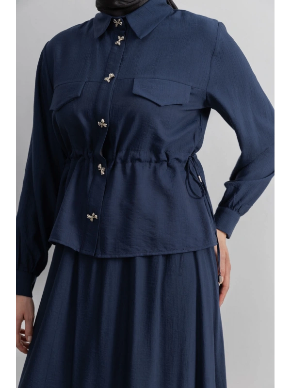 BEL BÜZGÜ DETAYLI ETEK TAKIM - LACİVERT