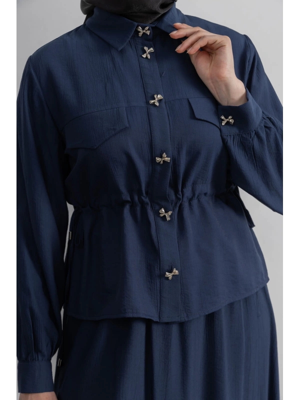 BEL BÜZGÜ DETAYLI ETEK TAKIM - LACİVERT