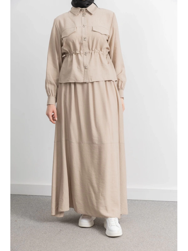 BEL BÜZGÜ DETAYLI ETEK TAKIM - BEJ