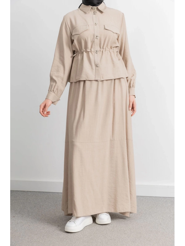 BEL BÜZGÜ DETAYLI ETEK TAKIM - BEJ