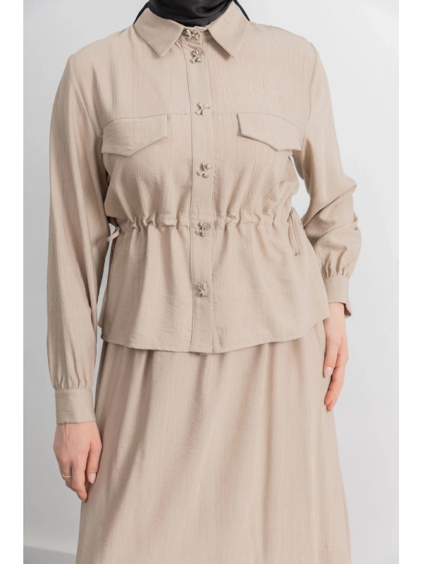 BEL BÜZGÜ DETAYLI ETEK TAKIM - BEJ