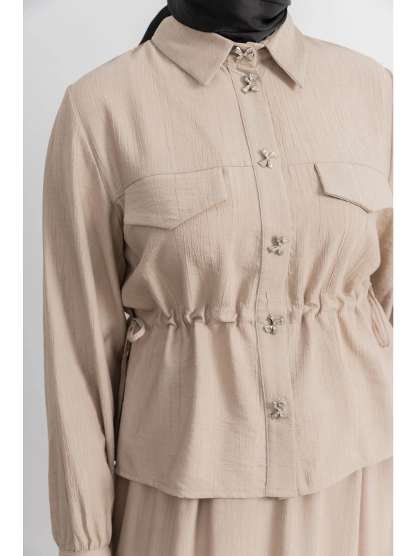 BEL BÜZGÜ DETAYLI ETEK TAKIM - BEJ