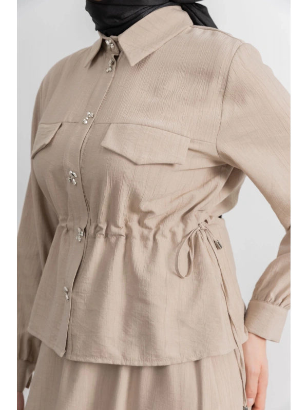 BEL BÜZGÜ DETAYLI ETEK TAKIM - BEJ