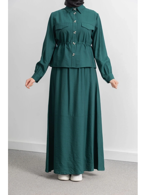 BEL BÜZGÜ DETAYLI ETEK TAKIM - ZÜMRÜT