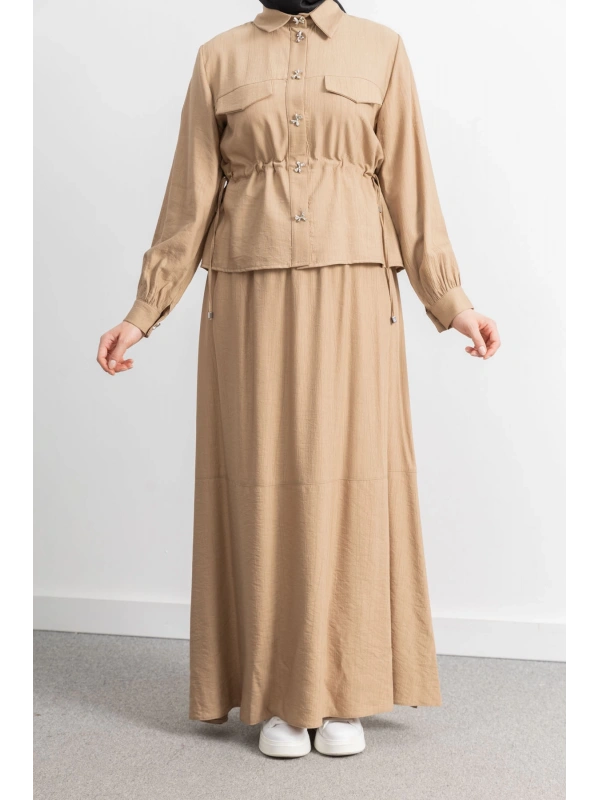 BEL BÜZGÜ DETAYLI ETEK TAKIM - TÜTÜN