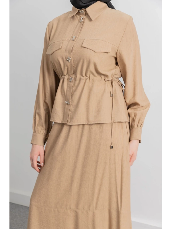 BEL BÜZGÜ DETAYLI ETEK TAKIM - TÜTÜN