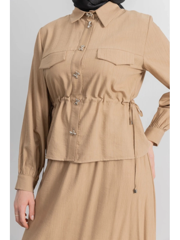 BEL BÜZGÜ DETAYLI ETEK TAKIM - TÜTÜN