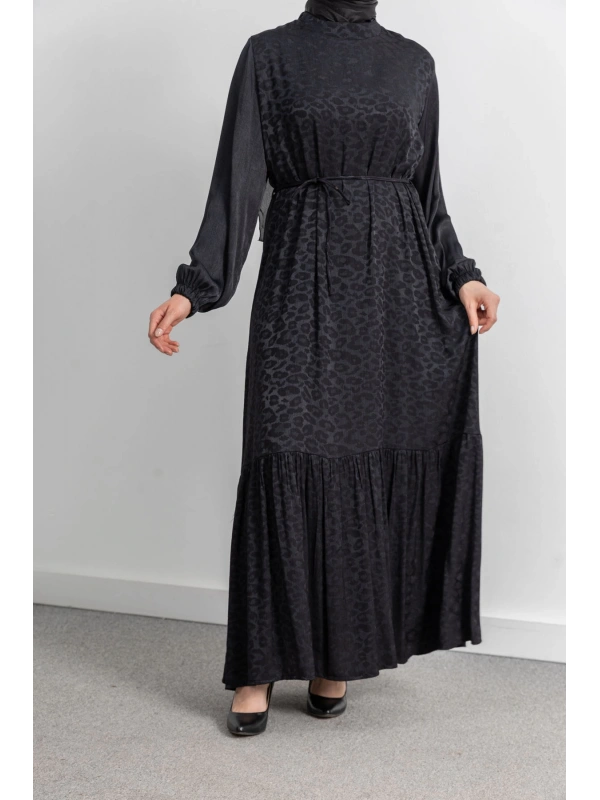 ETEK BÜZGÜ DETAYLI JAKAR ELBİSE - SİYAH - LEOPAR
