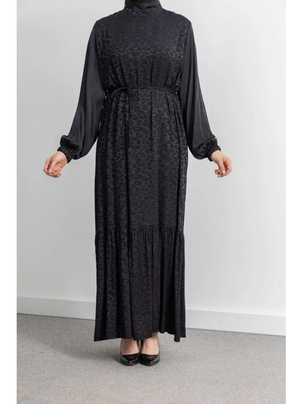 ETEK BÜZGÜ DETAYLI JAKAR ELBİSE - SİYAH - LEOPAR