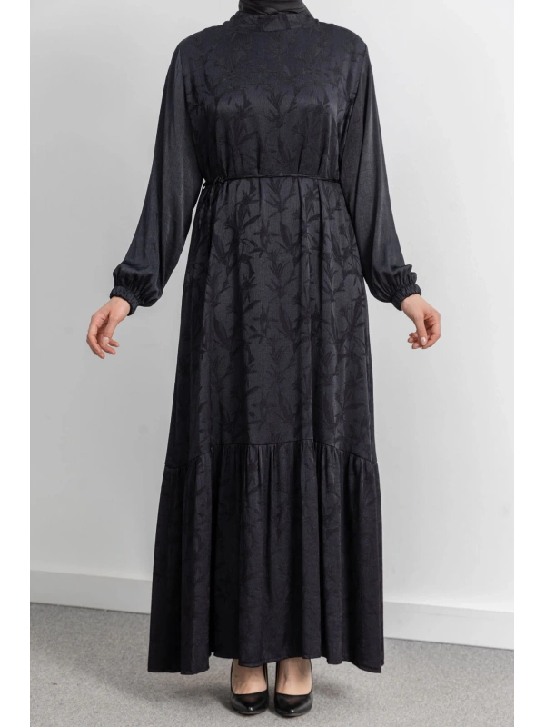 ETEK BÜZGÜ DETAYLI JAKAR ELBİSE - SİYAH - YAPRAK