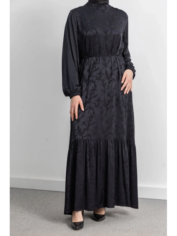 ETEK BÜZGÜ DETAYLI JAKAR ELBİSE - SİYAH - YAPRAK