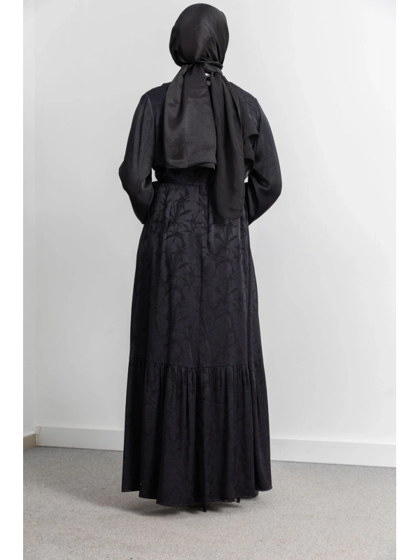 ETEK BÜZGÜ DETAYLI JAKAR ELBİSE - SİYAH - YAPRAK