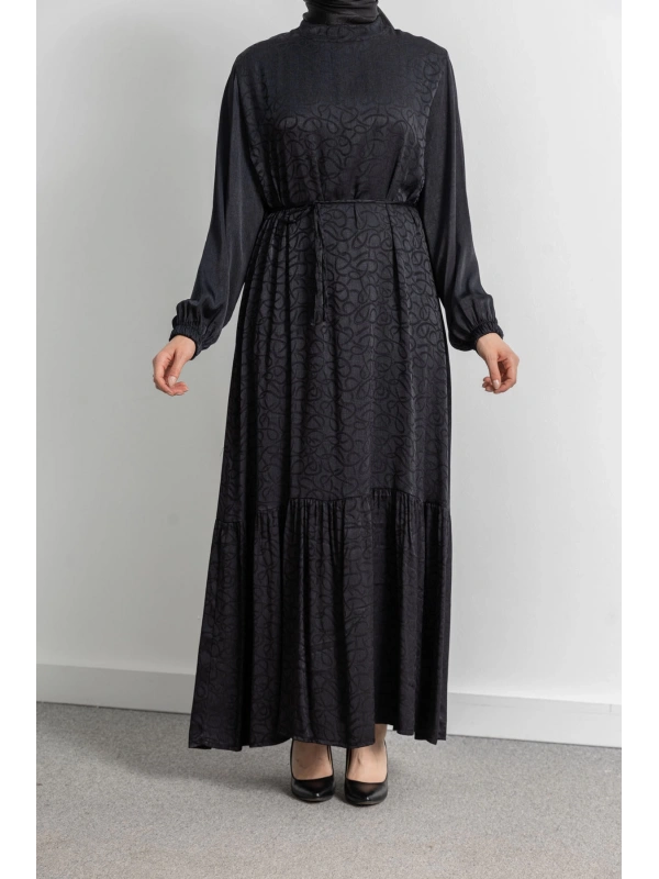 ETEK BÜZGÜ DETAYLI JAKAR ELBİSE - SİYAH - ES