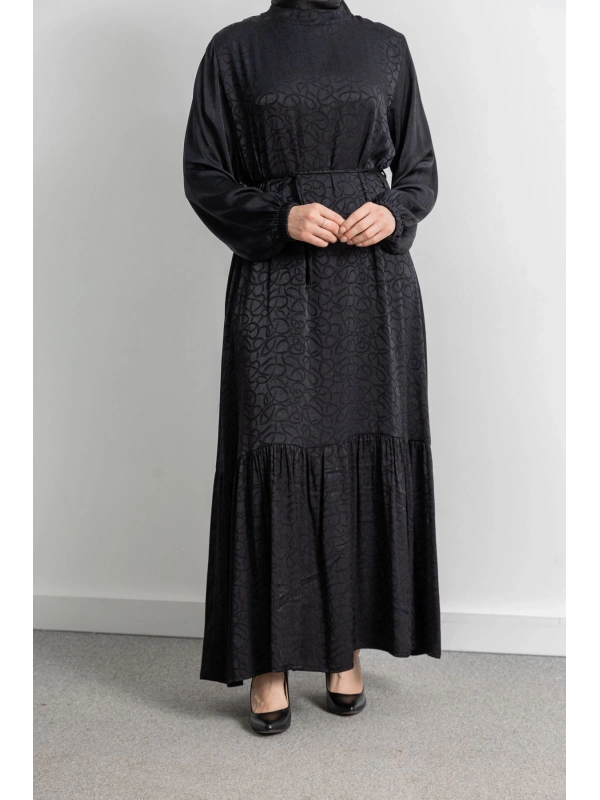 ETEK BÜZGÜ DETAYLI JAKAR ELBİSE - SİYAH - ES