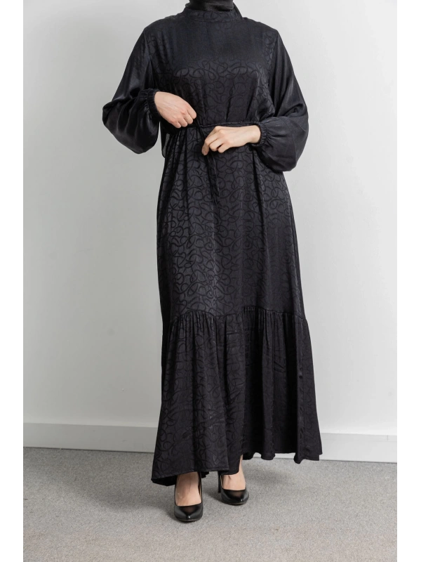ETEK BÜZGÜ DETAYLI JAKAR ELBİSE - SİYAH - ES