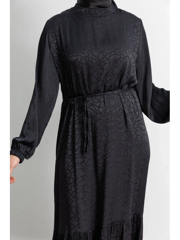 ETEK BÜZGÜ DETAYLI JAKAR ELBİSE - SİYAH - ES