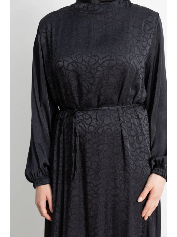 ETEK BÜZGÜ DETAYLI JAKAR ELBİSE - SİYAH - ES