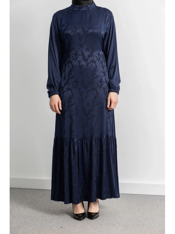 ETEK BÜZGÜ DETAYLI JAKAR ELBİSE - LACİVERT - YAPRAK