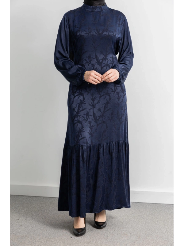 ETEK BÜZGÜ DETAYLI JAKAR ELBİSE - LACİVERT - YAPRAK