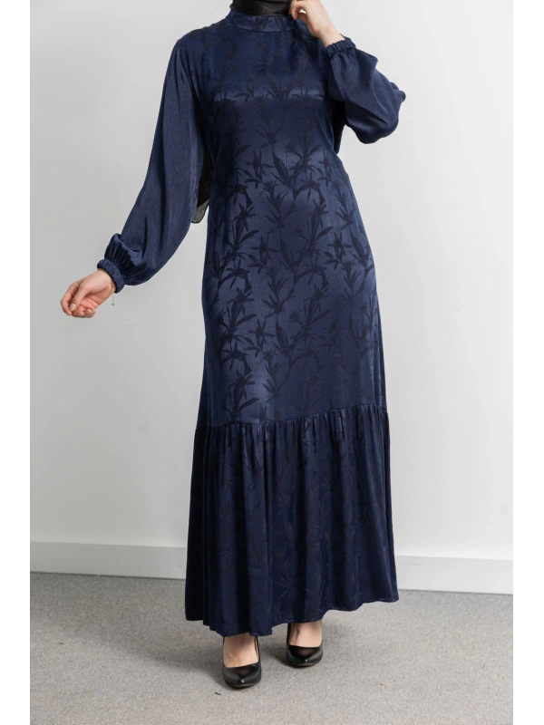 ETEK BÜZGÜ DETAYLI JAKAR ELBİSE - LACİVERT - YAPRAK