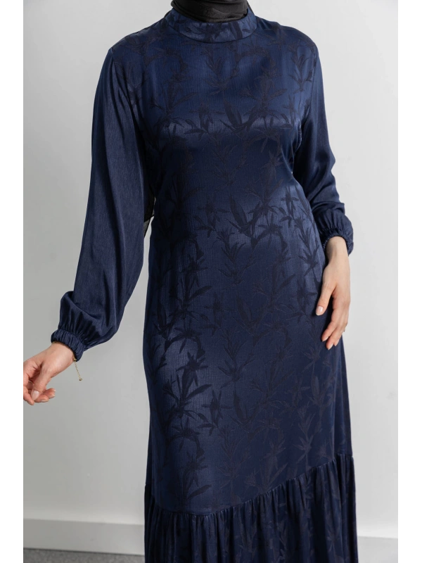 ETEK BÜZGÜ DETAYLI JAKAR ELBİSE - LACİVERT - YAPRAK