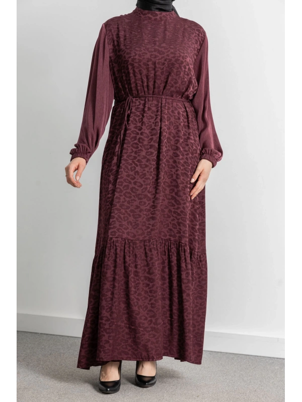 ETEK BÜZGÜ DETAYLI JAKAR ELBİSE - BORDO - LEOPAR