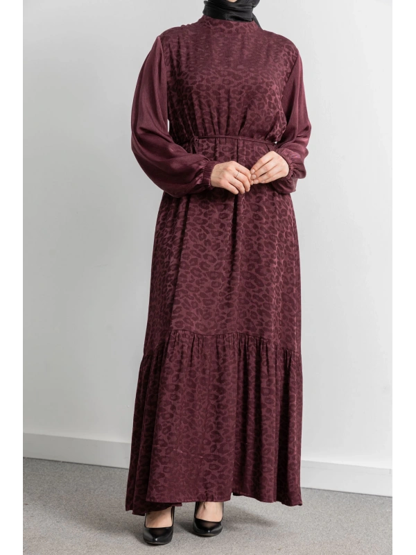 ETEK BÜZGÜ DETAYLI JAKAR ELBİSE - BORDO - LEOPAR
