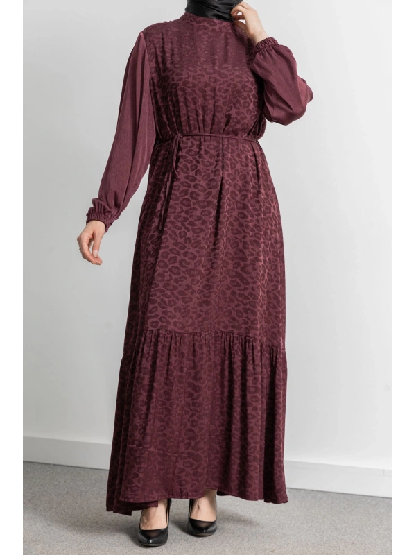 ETEK BÜZGÜ DETAYLI JAKAR ELBİSE - BORDO - LEOPAR