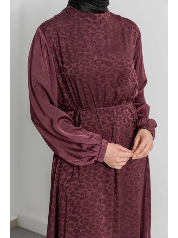 ETEK BÜZGÜ DETAYLI JAKAR ELBİSE - BORDO - LEOPAR