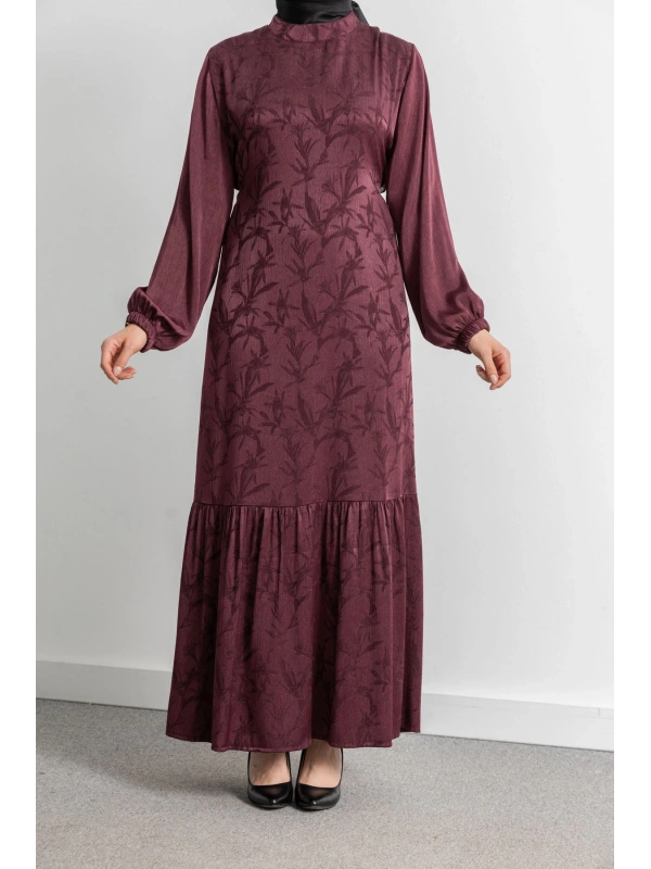 ETEK BÜZGÜ DETAYLI JAKAR ELBİSE - BORDO - YAPRAK
