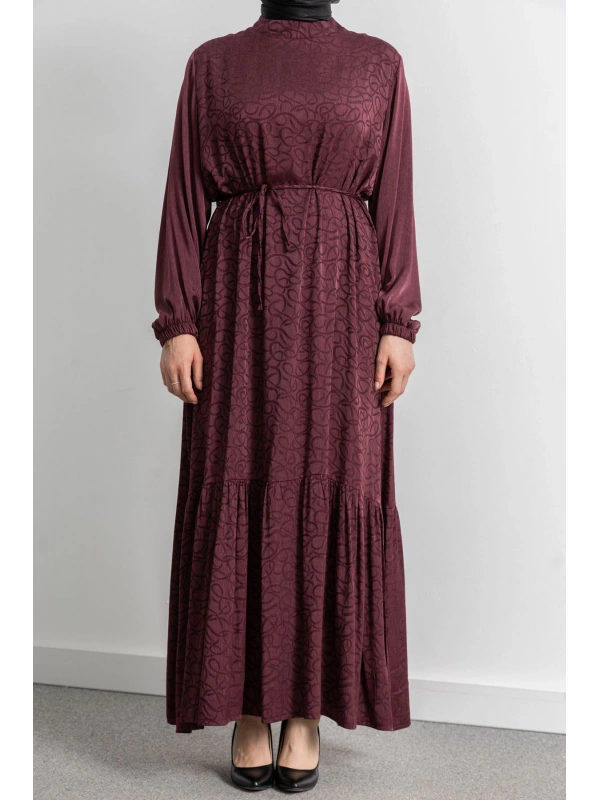 ETEK BÜZGÜ DETAYLI JAKAR ELBİSE - BORDO - ES