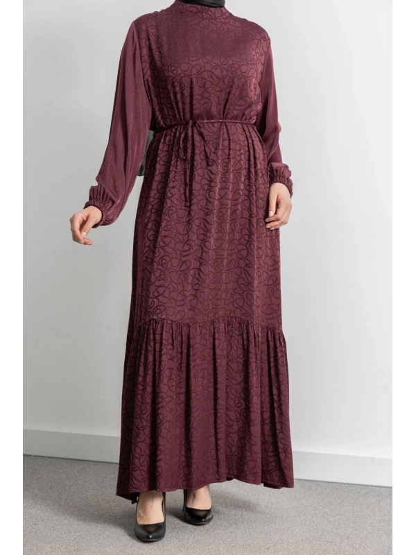 ETEK BÜZGÜ DETAYLI JAKAR ELBİSE - BORDO - ES