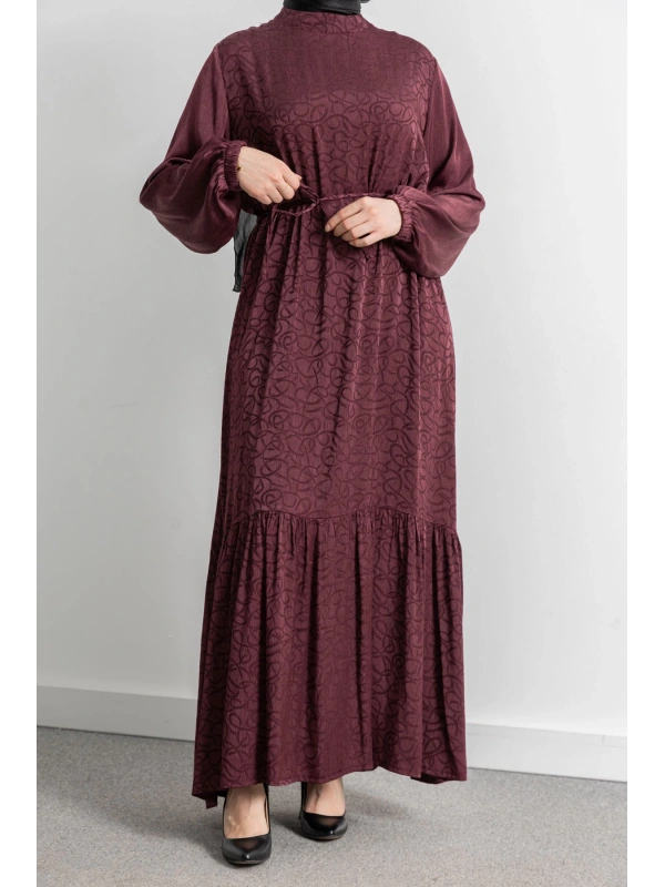 ETEK BÜZGÜ DETAYLI JAKAR ELBİSE - BORDO - ES