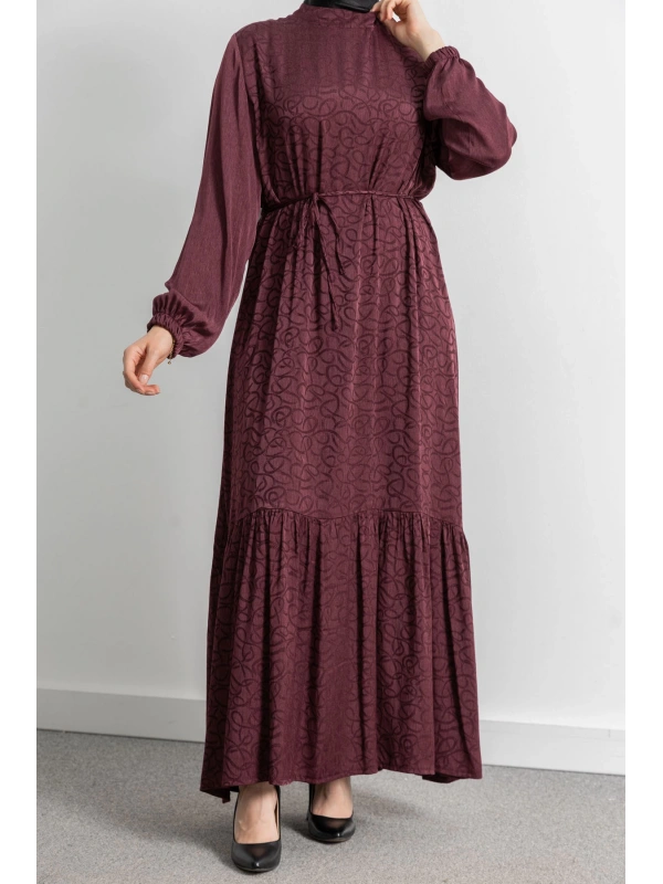 ETEK BÜZGÜ DETAYLI JAKAR ELBİSE - BORDO - ES