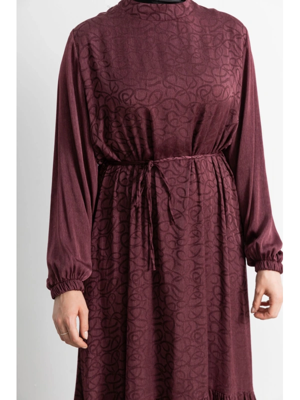 ETEK BÜZGÜ DETAYLI JAKAR ELBİSE - BORDO - ES