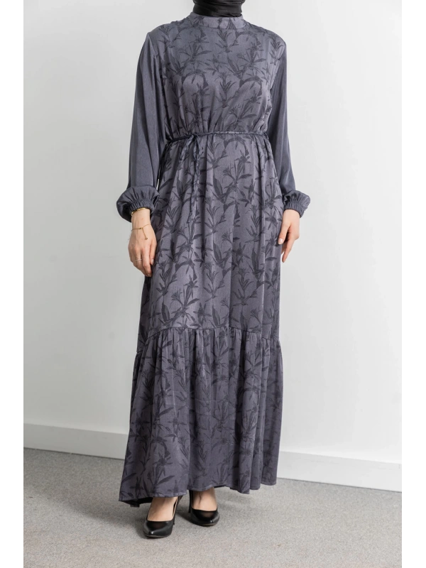 ETEK BÜZGÜ DETAYLI JAKAR ELBİSE - GRİ - YAPRAK