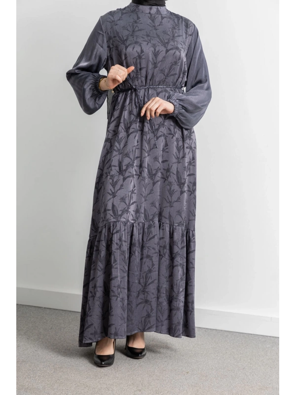 ETEK BÜZGÜ DETAYLI JAKAR ELBİSE - GRİ - YAPRAK