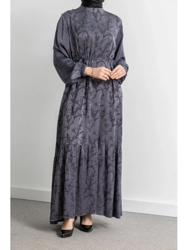 ETEK BÜZGÜ DETAYLI JAKAR ELBİSE - GRİ - YAPRAK