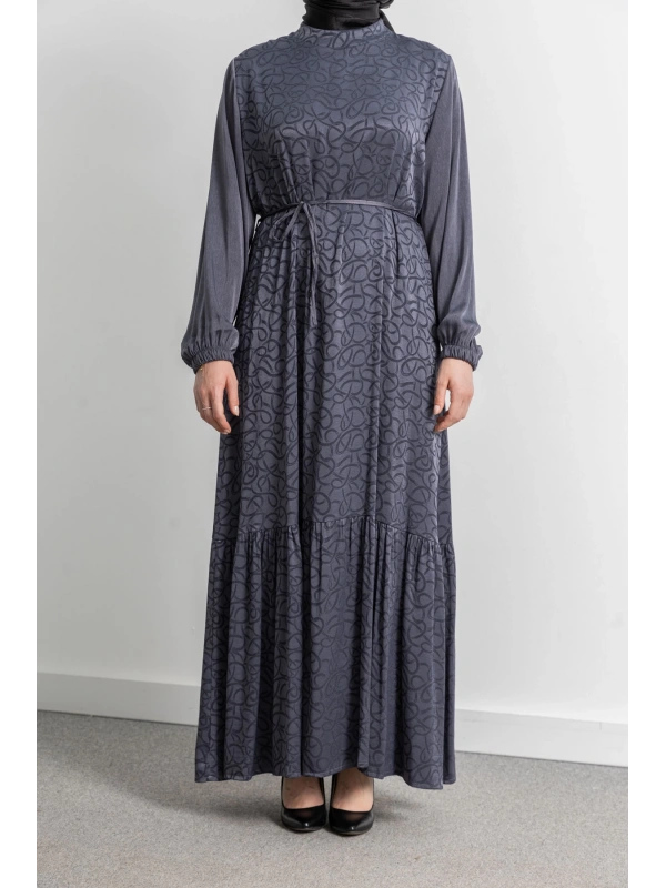 ETEK BÜZGÜ DETAYLI JAKAR ELBİSE - GRİ - ES