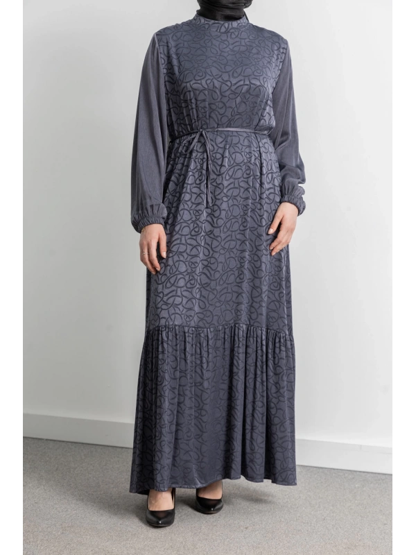 ETEK BÜZGÜ DETAYLI JAKAR ELBİSE - GRİ - ES