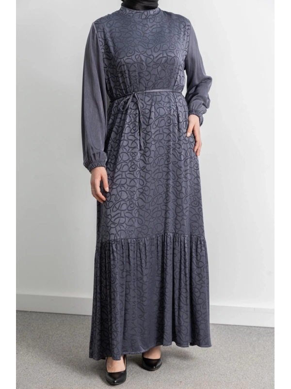 ETEK BÜZGÜ DETAYLI JAKAR ELBİSE - GRİ - ES
