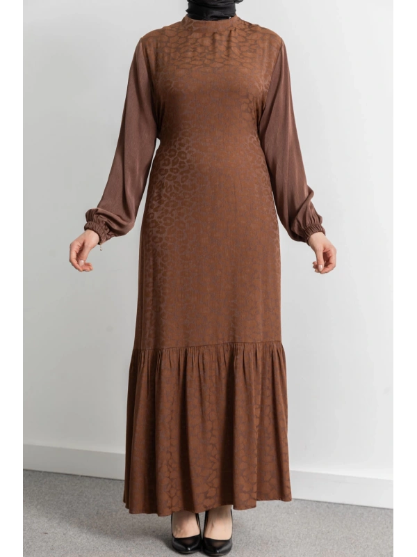 ETEK BÜZGÜ DETAYLI JAKAR ELBİSE - TABA - LEOPAR