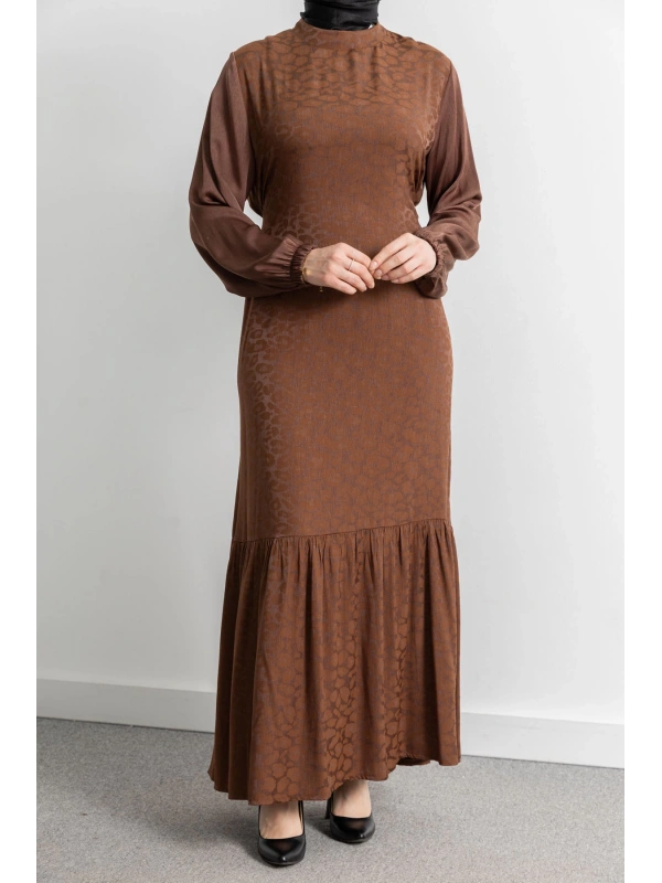 ETEK BÜZGÜ DETAYLI JAKAR ELBİSE - TABA - LEOPAR