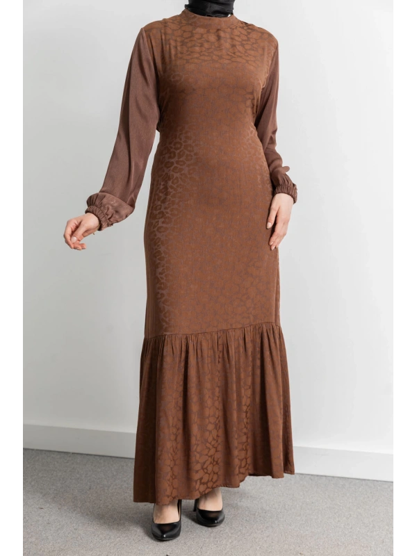 ETEK BÜZGÜ DETAYLI JAKAR ELBİSE - TABA - LEOPAR