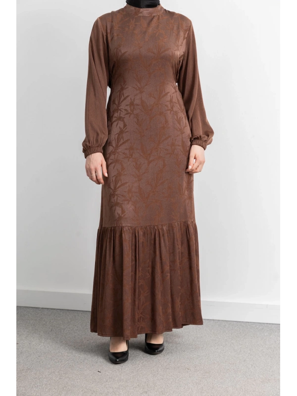 ETEK BÜZGÜ DETAYLI JAKAR ELBİSE - TABA - YAPRAK