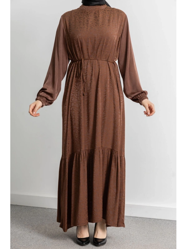 ETEK BÜZGÜ DETAYLI JAKAR ELBİSE - TABA - ES