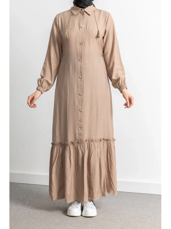 LETAFET ÖNÜ DÜĞMELİ BÜZGÜLÜ ELBİSE - VİZON