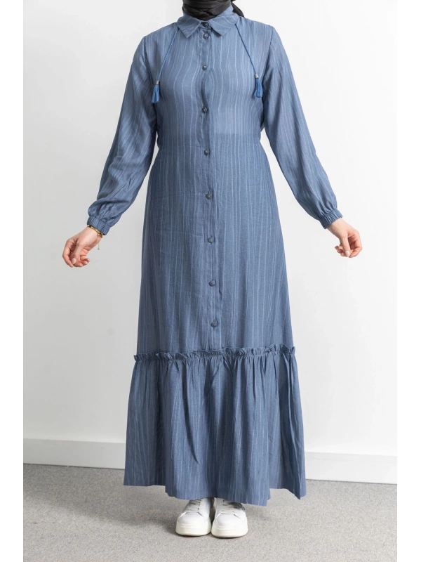 LETAFET ÖNÜ DÜĞMELİ BÜZGÜLÜ ELBİSE - İNDİGO